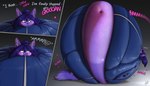 anthro belly belly_expansion big_belly big_cheeks blue_body blue_fur blue_hair blueberry_inflation blush body_inflation cheek_bulge cheek_expansion chewing claws clothed clothing dialogue expansion female fur groan hair huge_belly hyper hyper_belly hyper_inflation immobile inflation lying muffled navel on_back ponytail solo sound_effects spherical_inflation text tight_clothing tracksuit zoidrawzaton oliver_cross canid canine fox mammal 2023 absurd_res comic english_text hi_res