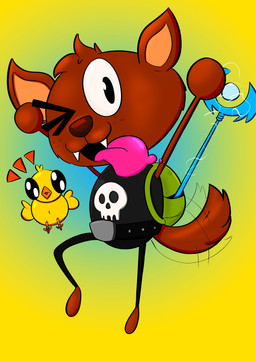 anthro backpack black_eyes fangs freckled_face freckles male motion_lines one_eye_closed smile solo teeth tongue tongue_out tuft weapon wink rottenxfiendz poptropica avian bird canid canine canis chicken domestic_dog galliform mammal phasianid absurd_res hi_res