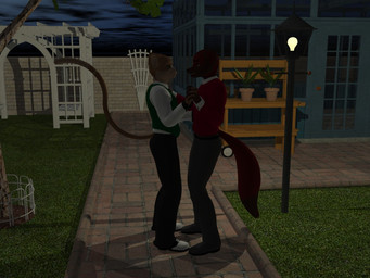 anthro backyard dancing dress_up duo eye_contact looking_at_another male male/male night practicing kagesan blaze_wolf jesse_cat canid canine canis domestic_cat felid feline felis mammal wolf 3d_(artwork) 4:3 digital_media_(artwork)