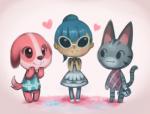 anthro blue_hair blush eyewear female group hair heart_symbol sunglasses watering_can jiayi animal_crossing nintendo cookie_(animal_crossing) lolly_(animal_crossing) villager_(animal_crossing) canid canine canis domestic_cat domestic_dog felid feline felis human mammal tabby_cat