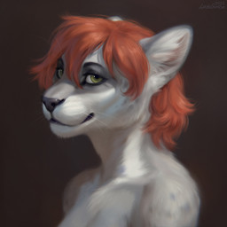 anthro black_nose brown_background female fur glistening glistening_eyes green_eyes grey_body grey_fur hair mouth_closed orange_hair simple_background solo whiskers white_body white_fur lostgoose felid mammal 1:1 2023 absurd_res bust_portrait dated detailed hi_res icon portrait signature
