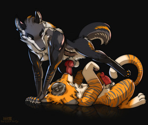 animal_genitalia animal_penis balls black_body black_fur black_nose brown_eyes canine_genitalia claws duo erection feline_genitalia feline_penis fellatio feral feral_on_feral feral_penetrated feral_penetrating feral_penetrating_feral fur genitals knot looking_down male male/male male_penetrated male_penetrating male_penetrating_male oral oral_penetration penetration penile penile_spines penis raised_leg reflection sex simple_background striped_body stripes sucking tail ratcha canid canine canis felid feline mammal pantherine tiger wolf 2018