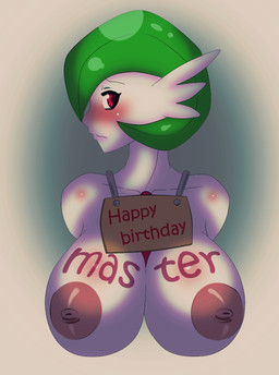 areola big_breasts blush breasts female green_hair hair looking_at_viewer master nipples not_furry nude red_eyes slave solo text samberg nintendo pokemon gardevoir generation_3_pokemon pokemon_(species) 2015 hi_res
