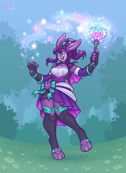 anthro breasts choker clothing dress female grass green_eyes hair heart_symbol holding_object holding_staff jewelry magic magical_girl_outfit necklace on_one_leg outside plant ponytail purple_body purple_clothing purple_dress purple_hair ribbons smile solo staff standing taffywabbit cat_(cattrain9903) lagomorph leporid mammal rabbit 2025 digital_media_(artwork) hi_res