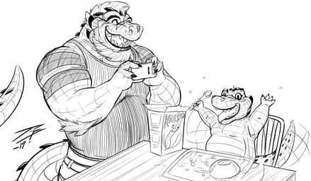 anthro bottomwear bowl cereal cheek_spikes clothed clothing container dirty duo electronics eyes_closed facial_piercing facial_spikes fangs food happy holding_object holding_phone male muscular muscular_anthro muscular_male nose_piercing nude open_mouth open_smile overweight overweight_anthro overweight_male pants phone piercing simple_background smile spikes spikes_(anatomy) teeth topwear young young_anthro young_male crazydrak alex_(jrbart) crocodile crocodilian reptile scalie 2019 dated monochrome