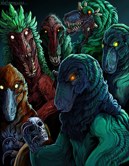 artemis_(primitive_war) blood bodily_fluids bone claws cyclops_(primitive_war) ephialtes_(primitive_war) feathers female feral gore group holding_skull looking_at_viewer male mouth_closed open_mouth scar sharp_teeth skull sobek_(primitive_war) teeth tongue whyflippenme xipetotec_(primitive_war) image_comics invincible_(image_comics) primitive_war thragg_and_viltrumites_panel dinosaur dromaeosaurid feathered_dinosaur feathered_scalie prehistoric_species reptile saurischian scalie theropod utahraptor hi_res