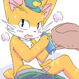 after_masturbation afterglow anthro backpack biped blush bodily_fluids bottomwear bottomwear_around_one_leg bottomwear_down breath cheek_tuft chest_tuft clothed clothing clothing_around_one_leg countershading cum cum_inside dripping erection facial_tuft fur genital_fluids genitals hat head_tuft headgear headwear kemono looking_at_viewer male open_mouth orange_body orange_fur pants pants_around_one_leg partially_clothed penetrable_sex_toy penis sex_toy shota simple_background sitting solo tapering_penis topless tuft white_background white_body white_fur young young_anthro young_male ofuro fairy_musketeers randagio_(fairy_musketeers) domestic_cat felid feline felis mammal 1:1 low_res