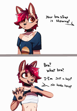 anthro biped breasts claws clothed clothed_anthro clothed_female clothing countershade_torso countershading female fingers front_view fur hair simple_background smile solo standing teeth text tongue enginetrap bra_strap_showing_(meme) canid canine canis jackal mammal 2026 digital_drawing_(artwork) digital_media_(artwork) english_text hi_res meme