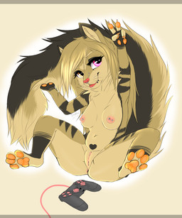 anthro anus barbell_piercing breasts bridge_piercing butt chibi clitoris controller dipstick_ears ear_markings facial_piercing female fluffy fur game_controller genitals hair heterochromia holding_tail lip_piercing lip_ring multicolored_ears multiple_piercings nipple_barbell nipple_piercing nipples nose_piercing nose_ring orange_pawpads pawpads piercing pink_eyes ring_piercing septum_piercing septum_ring sitting solo spread_legs spreading tail tan_body tan_fur tan_hair vulva yellow_eyes xredpandax tsukiko_hanako_(character) cougar felid feline mammal 5:6 digital_media_(artwork) hi_res letterbox