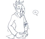 absurd_res anthro antlers blue_and_white cervine clothed clothing cybernetic_arm cybernetic_limb cybernetics deer dialogue english_text fluffy fully_clothed hi_res hoodie horn machine male mammal monochrome red_(topazknight) removing_pants sketch solo text topazknight topwear