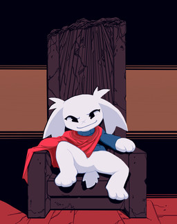 3_fingers 3_toes ambiguous_anthro ambiguous_gender anthro bent_legs black_eyes blue_clothing blue_sweater blue_topwear bottomless bottomless_ambiguous bottomless_anthro cape chair clothed clothed_ambiguous clothed_anthro clothing eyelashes featureless_crotch feet fingers floor front_view fur fur_tuft furniture geometric_background glistening glistening_eyes looking_at_viewer monotone_body monotone_fur no_pupils noseless on_chair red_cape red_clothing scut_tail short_tail simple_background sitting sitting_on_chair smile smiling_at_viewer smug solo spread_legs spreading sweater tail toes topwear tuft white_body white_ears white_fur white_sclera white_tail 4chan_anon unknown_artist akira_(film) cave_story sue_sakamoto lagomorph mammal mimiga 2025 cel_shading crossover digital_media_(artwork) full-length_portrait hi_res portrait shaded female_(lore)