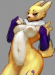 anthro arms_bent biped black_sclera blue_eyes blush breasts clothing female fur gloves grey_background handwear legs_together mostly_nude multicolored_body multicolored_fur naughty_face navel nipples pose pubes raised_hand short_tail side_boob simple_background solo standing tail tucked_arms two_tone_body two_tone_fur under_boob wide_hips yellow_body yellow_fur third-party_edit vectorconflict bandai_namco digimon canid canine digimon_(species) mammal renamon 2013 pinup