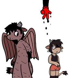 3_fingers anthro back_wings big_tail black_clothing black_hair black_nails black_shirt black_topwear blood bodily_fluids bottomwear broken_horn brown_body brown_clothing brown_fur brown_hair brown_legwear brown_shirt brown_topwear cameo clothing colored_nails cross cross_ear_piercing cross_ear_ring cross_piercing death duo empty_eyes female fingers fur gesture gloves hair hand_gesture handwear horn inverted_cross larger_female legwear male melted_skin melting_flesh mouthless mutation nails no_arm no_eye nosebleed offscreen_character offscreen_male piercing red_bottomwear red_clothing red_gloves red_handwear red_shorts ripped_tail shaded_face shirt short_hair shorts size_difference standing tail topwear v_sign wings omni-vee creepypasta mario_bros mythology nintendo real_world m.smile manitka_storm mario bovid bovine cattle clay_creature computer_virus_(species) dragon mammal monster mythological_creature mythological_scalie scalie 1:1 comic concept_art hi_res
