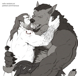 anthro arm_hair armpit_hair beard belly_hair biped bite_mark body_hair bottomwear chest_hair clothing duo facial_hair french_kissing hair kissing licking_tongue long_hair male male/male muscular muscular_anthro muscular_humanoid muscular_male nude_anthro nude_male pants text torn_bottomwear torn_clothing torn_pants transformation rnarccus canid canine canis elf humanoid mammal wolf 2025 monochrome url