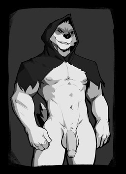 5_fingers anthro balls casual_exposure casual_nudity cloak clothing facial_markings fingers flaccid fur fuzzy genitals grey_background grin head_markings hood hood_up hooded_cloak humanoid_genitalia humanoid_penis looking_at_viewer male markings mask_(marking) mostly_nude muscular muscular_anthro muscular_male navel nipples penis simple_background smile solo standing tail white_body white_fur jrjresq dreamworks puss_in_boots_(franchise) death_(puss_in_boots) canid canine canis mammal wolf black_and_white greyscale hi_res monochrome shaded