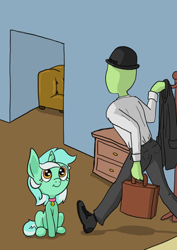 briefcase clothing coat_rack collar detailed_background domestic_pet duo female feral furniture hallway hat headgear headwear horn jacket looking_up male name_tag sitting sofa toony topwear walking happy_harvey friendship_is_magic hasbro my_little_pony mythology anon lyra_heartstrings_(mlp) equid equine horse human mammal mythological_creature mythological_equine pony unicorn hi_res