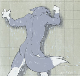 4_fingers anthro bathing black_nose blue_eyes butt defiant fingers forced_bathing fur grey_body grey_fur humanoid_hands male multicolored_body multicolored_fur nude nude_anthro nude_male prisoner shower showering single_panel solo tail two_tone_body two_tone_fur wet wet_body wet_fur white_body white_fur spiritofash andreas_(spiritofash) canid canine canis mammal wolf hi_res