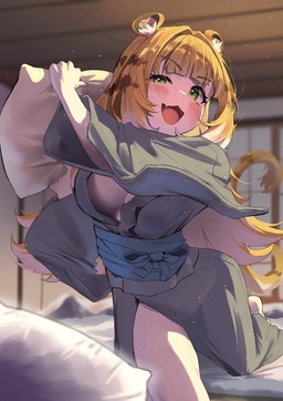 animal_ears bed bent_leg big_breasts blonde_hair blush breasts clothing cute_fangs fangs female fluffy_ears furniture green_eyes hair half-closed_eyes inside long_hair markings narrowed_eyes open_mouth pillow_fight robe striped_hair striped_markings striped_tail stripes tail tail_markings teeth white_hair toramaru_112233 mihoyo zenless_zone_zero ju_fufu animal_humanoid felid felid_humanoid humanoid mammal mammal_humanoid pantherine pantherine_humanoid thiren tiger_humanoid absurd_res hi_res