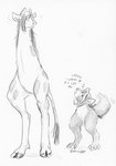 ambiguous_gender anthro armless duo looking_down looking_up modular question_mark size_difference spots tail tail_motion tailwag text cervelet canid canine canis giraffe giraffid halfcut mammal wolf 2021 black_and_white english_text graphite_(artwork) hi_res monochrome sketch traditional_media_(artwork)