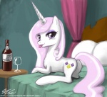 alcohol beverage cutie_mark eyelashes female feral fleur-de-lis food glass hair horn long_hair looking_back multicolored_hair pink_hair purple_eyes quadruped short_hair solo tail text tongue tongue_out white_hair john_joseco friendship_is_magic hasbro my_little_pony mythology fleur_de_lis_(mlp) equid equine mammal mythological_creature mythological_equine unicorn url