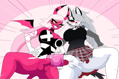 2_horns anthro balls black_body black_fur blush bodily_fluids breasts clothing cum cumshot duo ejaculation fingers frottage fur genital_fluids genitals glans grey_hair gynomorph gynomorph/gynomorph hair horn humanoid_genitalia humanoid_penis intersex intersex/intersex penile penis penises_touching pink_body pink_eyes pink_skin pupils red_sclera sex sex_toy slit_pupils spread_legs spreading tail teeth white_balls white_body white_eyes white_fur wings yellow_sclera carliabot hellaverse helluva_boss mythology loona_(helluva_boss) verosika_mayday canid canid_demon canine demon hellhound mammal mythological_canine mythological_creature succubus 2026 3:2