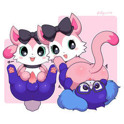 anus balls big_pupils blue_body blue_fur blush blush_stickers bow_on_head cat_tail collar cunnilingus dipstick_tail duo eyelashes eyewear facesitting feet female female_feral female_on_feral female_on_top feral fluffy_ears front_view fur genitals glasses green_eyes green_sclera hindpaw looking_at_another looking_at_genitalia looking_at_partner looking_at_penis looking_back looking_back_at_another looking_back_at_partner male male/female male_feral male_on_bottom male_on_feral markings multicolored_body multicolored_fur multiple_angles on_bottom on_top open_mouth open_smile oral paws penis pink_body pink_fur pupils purple_body purple_eyes purple_fur quadruped rear_view scut_tail sex short_tail simple_background sitting sitting_on_another smile star_in_pupils tail tail_markings tapering_penis text two_tone_body two_tone_fur vaginal white_background white_body white_fur zyuuniie beatcats sanrio sega sega_fave mia_(beatcats) domestic_cat felid feline felis lagomorph mammal 1:1 2026 absurd_res artist_name digital_drawing_(artwork) digital_media_(artwork) hi_res shaded soft_shading