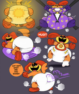 ambiguous_gender anthro arms_tied bdsm bib black_nose black_sclera blush blush_lines bondage_gear bondage_gloves booties bound butt clean_diaper clothed clothing cloud_emanata dialogue diaper diaper_humping diaper_puff diaper_under_clothing diaper_under_onesie duo emanata floppy_ears footwear fur gag grey_background grinding hand_on_diaper handwear legs_tied looking_back looking_back_through_legs looking_pleasured lying masturbation multicolored_body multicolored_fur narrowed_eyes object_in_mouth on_front on_one_leg onesie open_mouth open_onesie open_smile orange_body orange_clothing orange_ears orange_footwear orange_fur orange_handwear orange_tail pacifier pacifier_gag pacifier_in_mouth pillow pillow_humping presenting presenting_hindquarters purple_onesie purple_pacifier purple_pillow simple_background smile socks solo_focus speech_bubble standing suspension tail tail_motion text touching_diaper wearing_diaper white_clothing white_diaper white_footwear white_socks yellow_body yellow_fur zipper_down srbunny649 mob_entertainment poppy_playtime smiling_critters catnap_(poppy_playtime) dogday_(poppy_playtime) canid canine canis domestic_cat domestic_dog felid feline felis mammal english_text hi_res male_(lore)