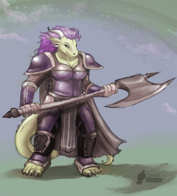 anthro axe biped boob_armor breasts female greataxe hair holding_object holding_weapon horn long_hair looking_at_viewer melee_weapon non-mammal_breasts purple_hair solo standing tail weapon deadspring mythology miranda_arqayla dragon mythological_creature mythological_scalie scalie 2009