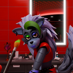 anthro bedroom_eyes duo ear_piercing ear_ring facial_markings female first_person_view green_highlights head_markings highlights_(coloring) lipstick looking_at_viewer machine makeup makeup_brush markings mirror narrowed_eyes on_model piercing purple_lipstick ring_piercing seductive anonamine five_nights_at_freddy's five_nights_at_freddy's:_security_breach scottgames steel_wool_studios roxanne_wolf animatronic canid canine canis mammal robot wolf 1:1 3d_(artwork) digital_media_(artwork)
