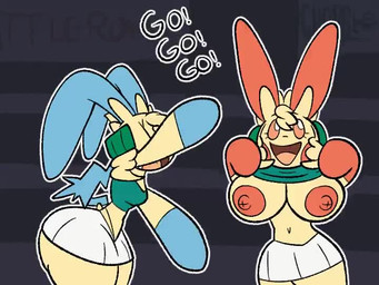 after_transformation anthro anthrofied areola big_breasts biped blue_ears bottomwear breasts cheek_spots cheerleader cheerleader_outfit clothing crop_top dialogue duo earband female female_anthro flashing flashing_breasts hair happy huge_breasts miniskirt minus_sign nipples orange_eyes plus_sign pokemon_professor pokemorph red_ears shaking_hips shirt short_hair skirt text topwear waving_arms yelling yellow_body chabble nintendo pokemon professor_burnet generation_3_pokemon lagomorph mammal minun plusle pokemon_(species) animated short_playtime video