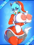 anthro areola big_areola big_breasts big_nipples blue_eyes blue_hair breasts christmas_clothing clothing female hair holidays huge_areola huge_breasts huge_nipples looking_at_viewer nipples puffy_areola puffy_nipples solo wide_hips aceymari christmas hanul canid canine canis domestic_dog mammal 3:4 absurd_res hi_res