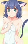 bathroom big_breasts black_hair blush breasts covering covering_self female fluffy_ears green_eyes hair huge_breasts nervous nude short_hair simple_background solo towel towel_only wet wet_body gakkari_orz sanrio show_by_rock!! cyan_hijirikawa animal_humanoid cat_humanoid domestic_cat felid felid_humanoid feline feline_humanoid felis humanoid mammal mammal_humanoid hi_res