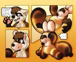 4_panel_comic 5_fingers after_transformation ambiguous_gender animate_inanimate anthro balloon balloon_animal balloon_tail balloon_transformation black-footed_ferret black_body black_fur black_nose bluelemonshibe brown_body brown_fur brown_hair domestic_ferret fingers fur hair inflatable living_inflatable mammal mid_transformation mustelid musteline ombre_background orange_background pawpads simple_background sitting solo speech_bubble tan_body tan_fur text transformation transformation_sequence true_musteline weasel