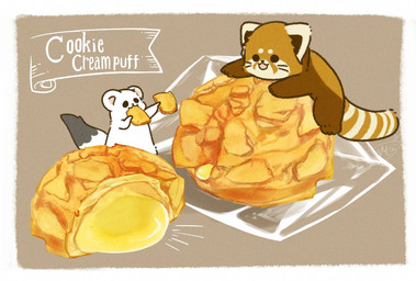 ambiguous_gender biped brown_body brown_fur chibi dot_eyes duo eating feral food fur micro simple_eyes text white_body white_fur shi_nominmin ailurid mammal mustelid musteline red_panda stoat true_musteline weasel 2020