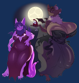 alcohol alternative_fashion anthro belly beverage big_breasts big_bulge big_butt breasts bulge butt cleavage clothed clothing container cup curvy_figure detailed_bulge dress drinking_glass duo female form_fitting formal_wear full_moon glass glass_container glass_cup goth gynomorph herm holidays huge_breasts huge_bulge hyper hyper_bulge intersex moon overweight overweight_anthro overweight_gynomorph overweight_intersex slightly_chubby wide_hips wine wine_glass tentabat halloween hazel_(tanzanite) tenta_(tentabat) bat mammal 2023 alpha_channel hi_res