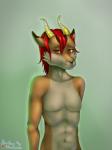 anthro brown_body brown_fur fur hair horn looking_at_viewer male navel nude orange_body orange_fur red_eyes red_hair simple_background smile snout solo tan_body tan_fur tuft young howling-strawberries antelope bovid impala mammal 2018 3:4 digital_media_(artwork) half-length_portrait hi_res portrait