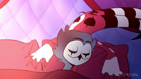 4_eyes 4_fingers animal_noises anthro beak bed bedding bedroom bird_noises black_beak blanket blinking canon_couple chirping cuddling duo eyebrows eyes_closed facial_markings feather_hair feathers fingers forehead_markings furniture grey_body grey_feathers half-closed_eyes happy head_markings headboard heart_(marking) horn inside lying male male/male markings multi_eye multicolored_body narrowed_eyes nude on_back on_bed open_mouth pillow pseudo_hair purring red_body red_eyes smile striped_horn stripes text tongue wallpaper_(decoration) wide_eyed yellow_sclera emzurl hellaverse helluva_boss blitzo_(helluva_boss) stolas_(helluva_boss) avian bird demon demon_humanoid horned_humanoid humanoid imp owl owl_demon 16:9 animated artist_name hi_res short_playtime sound watermark widescreen