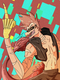 abs abstract_background anthro athletic athletic_anthro athletic_male biceps black_clothing black_topwear black_vest clothing cosplay crossover_cosplay cybernetics feathered_tail feathers gesture hair hand_gesture light_body light_scales long_tail machine male medium_hair middle_finger open_mouth orange_hair pose red_body red_feathers scales snout solo tail tail_tuft text topwear tuft vest visor vvurm_drama cavemanon_studios cyberpunk_edgerunners goodbye_volcano_high ko_op_(game_developer) snoot_game pilar_(cyberpunk_edgerunners) reed_(gvh) dinosaur dromaeosaurid feathered_dinosaur feathered_scalie prehistoric_species reptile saurischian scalie theropod velociraptor 2026 artist_name crossover digital_drawing_(artwork) digital_media_(artwork) hi_res watermark