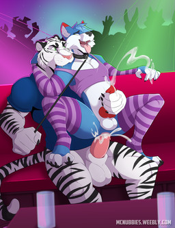 anal anal_penetration animal_genitalia animal_penis anthro anthro_on_anthro arm_warmers armwear balls black_nose blue_hair bodily_fluids butt canine_genitalia canine_penis chair_position clothing collar cum cum_in_ass cum_inside cum_while_penetrated cumshot dominant dominant_male duo ejaculation erection from_behind_position fur genital_fluids genitals hair handjob handjob_while_penetrating interspecies leash leash_pull legwear male male/male male_penetrated male_penetrating male_penetrating_male markings open_mouth orgasm pattern_armwear pattern_clothing pattern_legwear penetration penile penile_penetration penis penis_in_ass public reach_around sex shirt sitting stockings striped_armwear striped_body striped_clothing striped_fur striped_legwear striped_markings striped_tail stripes submissive submissive_male tail tail_markings text tongue tongue_out topwear white_balls mcnubbies canid canine canis felid mammal pantherine tiger wolf hi_res url