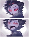 4_eyes anthro beak bedroom_eyes blood blush bodily_fluids eyebrows facial_markings feathers grey_body grey_feathers head_markings heart_eyes heart_symbol looking_at_viewer male markings multi_eye narrowed_eyes open_mouth open_smile pupils red_sclera seductive simple_background smile smiling_at_viewer solo white_body white_face white_feathers white_pupils cloudparadise helluva_boss stolas_(helluva_boss) avian bird owl owl_demon 2025 hi_res