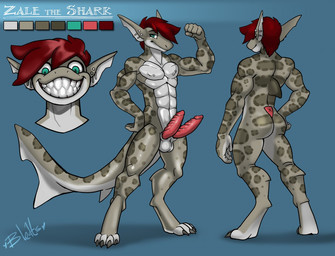 2_penises abs anthro athletic athletic_anthro athletic_male balls barbell_piercing blue_background butt digitigrade diphallism dorsal_fin erection fin flexing flexing_bicep genitals grey_spots grin hair half-closed_eyes horizontal_diphallism hybrid_genitalia hybrid_penis male markings multi_genitalia multi_penis muscle_tone narrowed_eyes nipple_barbell nipple_piercing nipples pecs penis piercing red_hair scaled_penis scales sharp_teeth simple_background smile solo spots spotted_body spotted_scales tail tail_fin teeth text wide_eyed bleats zale_the_shark aquatic fish ground_shark leopard_shark shark triakid english_text model_sheet