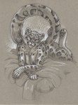 anthro bed_sheet bedding big_breasts breasts female fur looking_at_viewer lying markings nipples nude on_front pawpads simple_background solo spots spotted_body spotted_fur cadmiumtea felid mammal pantherine snow_leopard hi_res monochrome sepia traditional_media_(artwork)