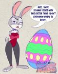 2017 anthro blu3danny bow_(feature) bow_tie breasts buckteeth bunny_costume clothed clothing costume crossed_arms dialogue disney easter easter_egg english_text eyebrows female fur grey_body grey_fur half-closed_eyes hi_res holidays judy_hopps lagomorph leporid looking_at_viewer mammal multicolored_body multicolored_fur name_drop name_in_dialogue narrowed_eyes open_mouth pink_nose playboy_bunny purple_eyes rabbit raised_eyebrow simple_background solo speech_bubble teeth text textured_background two_tone_body two_tone_fur unimpressed watermark zootopia