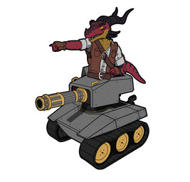 anthro belt cannon cheek_horns clothing collared_shirt dress_shirt eyebrow_horns facial_horn gesture gloves hand_gesture handwear horn leather leather_clothing leather_gloves leather_handwear leather_topwear leather_vest male markings miniature nose_horn pointing pointing_at_viewer ranged_weapon rolled_up_sleeves shirt solo striped_markings stripes tank_(vehicle) tank_treads topwear vehicle vest weapon rebeldragon101 dungeons_and_dragons hasbro wizards_of_the_coast kobold kobold_(5e) scalie hi_res