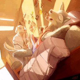 anthro anthro_on_anthro balls big_penis black_nose bodily_fluids bottomwear clothed clothing drooling duo erection fangs foreskin fur genitals grey_body grey_fur male male/male navel open_clothing open_shirt open_topwear penis questionable_consent saliva shirt shorts sleep_molestation sleeping tail tan_body tan_fur tank_top teeth tongue tongue_out topwear unretracted_foreskin sidekick beastars jack_(beastars) legoshi_(beastars) bird_dog canid canine canis domestic_dog hunting_dog labrador mammal retriever wolf 1:1 hi_res