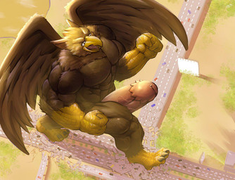 5_fingers abs anthro balls beak biceps big_muscles big_penis biped brown_body claws destruction detailed_background erection feathered_wings feathers feet finger_claws fingers genitals humanoid_genitalia macro macro_anthro macro_male male muscular muscular_anthro muscular_male nude open_mouth outside paws pecs penis rampage road smile solo tail toe_claws toes vehicle vehicle_destruction vein veiny_penis walking wings lerchief2007 mythology carpo avian gryphon mythological_avian mythological_creature