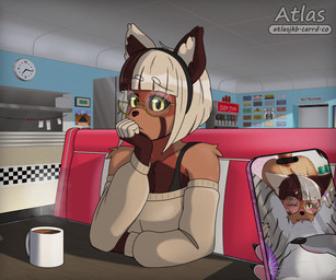 accessory anthro appliance arm_tuft arms_bent ass_up bangs beverage black_nose black_sclera blonde_hair blue_wall bob_cut booth_seating bra bra_strap brown_body brown_fur brown_hair calendar checkered checkered_wall chest_tuft claws clock clothed clothing coffee coffee_mug confusion countershade_torso countershading cracked_screen cunnilingus diner duo electronics eyes_closed eyewear facial_markings female female/female female_pov first_person_view fridge fur furniture glasses grey_body grey_fur hair hair_accessory hairband hand_on_chin head_markings holding_object holding_phone inside kitchen_appliance leg_grab looking_at_viewer markings mask_(marking) off_shoulder_shirt one_eye_closed oral pawpads phone photo pink_pawpads pink_phone restaurant round_glasses ruined_reputation sex shoulder_tuft sign sitting smile split_color_hair steam straight_bangs striped_body stripes table tear_(marking) text thigh_grab tuft underwear vaginal yellow_eyes atlas_jkb anya_(atlas_jkb) rae_(atlas_jkb) ailurid domestic_cat felid feline felis mammal red_panda tabby_cat 6:5 absurd_res english_text hi_res shaded watermark