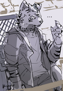 5_fingers anthro bottomwear chain-link_fence claws closed_smile clothed clothed_anthro clothed_male clothing collar ellipsis facial_markings fence finger_claws fingers front_view fully_clothed fully_clothed_anthro fully_clothed_male furrowed_eyebrows hair head_markings hoodie inner_ear_fluff looking_at_self male markings mouth_closed open_clothing open_hoodie open_topwear pupils shirt smile solo striped_arms striped_face stripes tail text topwear tuft kuromonsart felid mammal pantherine tiger 2022 artist_name dated digital_drawing_(artwork) digital_media_(artwork) hi_res portrait sketch three-quarter_portrait