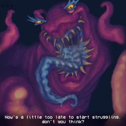ambiguous_gender blue_tongue bodily_fluids dialogue drooling drooling_tongue eye_contact eyestalks long_tongue looking_at_another looking_at_viewer mouth_shot open_mouth oral_vore orange_sclera pink_body pink_skin prey_pov ribbed_tongue saliva saliva_string sharp_teeth solo teeth tentacles text tongue uvula vore yellow_eyes yellow_teeth analog_vorer alien eldritch_abomination monster tentacle_creature 1:1 english_text hi_res