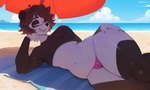anthro beach bikini_thong black_body blue_eyes bulge clothing cloud detailed_background eyewear femboy glasses hand_on_leg hand_on_thigh looking_at_viewer lying male on_side relaxing sand seaside sky solo swimwear thick_thighs thong umbrella underwear wearing_glasses white_body krapekk bear giant_panda mammal hi_res